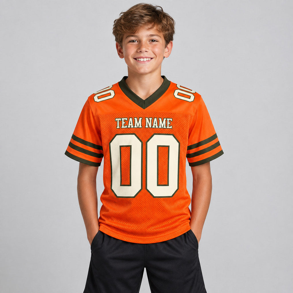 Custom Orange Mesh Authentic Football Jersey with Cream and Olive Lettering youth size worn by child model