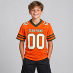 Custom Orange Mesh Authentic Football Jersey with Cream and Olive Lettering youth size worn by child model