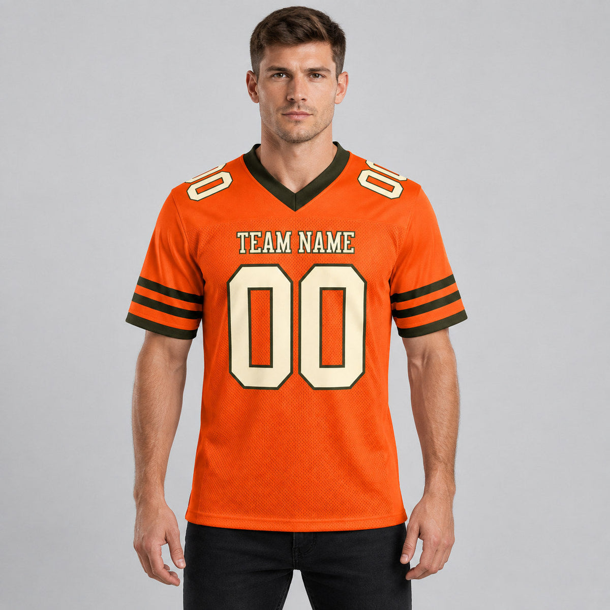 Custom Orange Mesh Authentic Football Jersey with Cream and Olive Lettering worn by male model