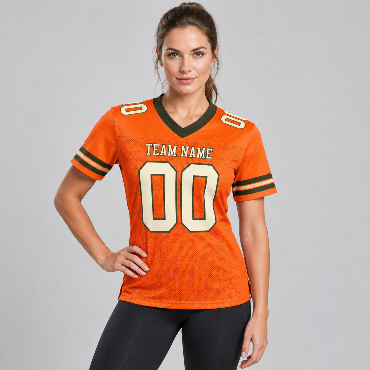 Custom Orange Mesh Authentic Football Jersey with Cream and Olive Lettering worn by female model