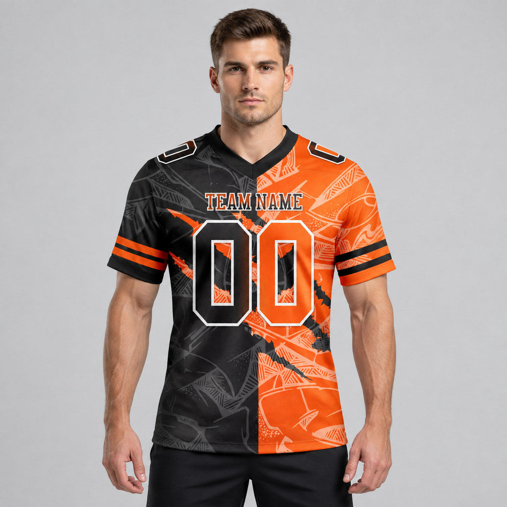 Custom Black Gradient Scratch Authentic Football Jersey with Orange and White Lettering worn by male model