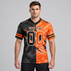 Custom Black Gradient Scratch Authentic Football Jersey with Orange and White Lettering worn by male model