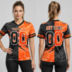 Custom Black Gradient Scratch Authentic Football Jersey with Orange and White Lettering worn by female model