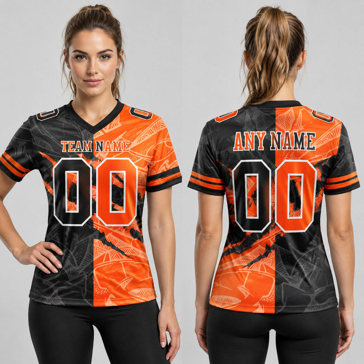 Custom Black Gradient Scratch Authentic Football Jersey with Orange and White Lettering worn by female model