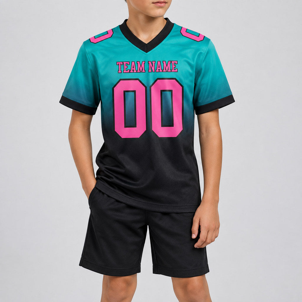 Custom Aqua Fade Authentic Football Jersey with Pink and Black Lettering Design 1432 youth size worn by child model