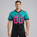 Custom Aqua Fade Authentic Football Jersey with Pink and Black Lettering Design 1432 worn by male model