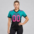 Custom Aqua Fade Authentic Football Jersey with Pink and Black Lettering Design 1432 worn by female model