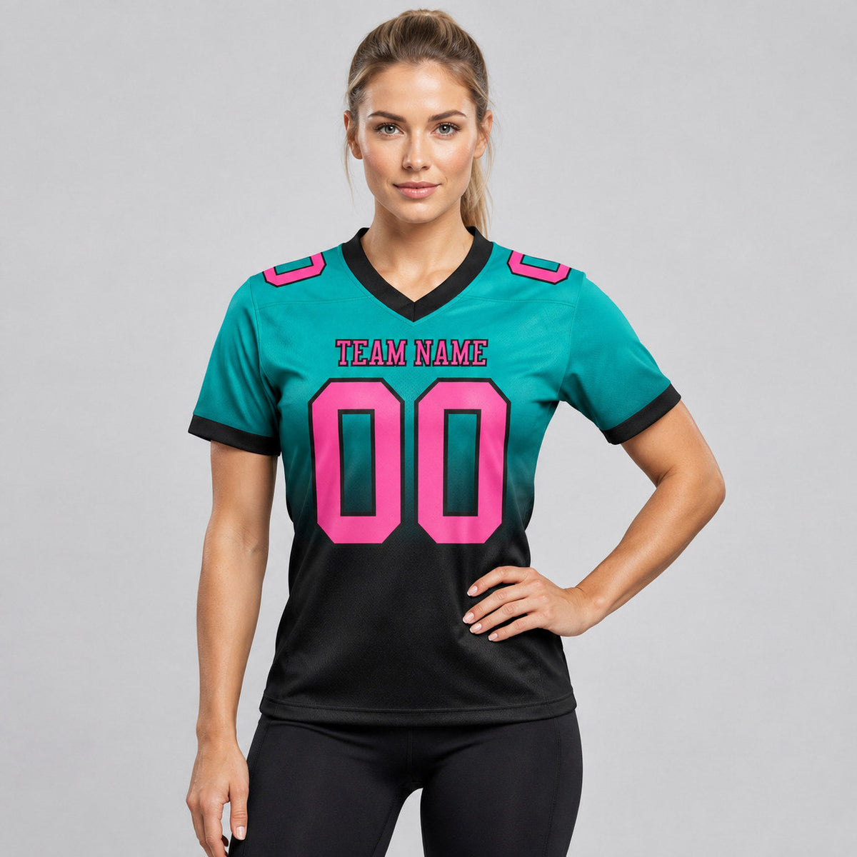 Custom Aqua Fade Authentic Football Jersey with Pink and Black Lettering Design 1432 worn by female model
