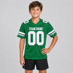 Custom Kelly Green Authentic Football Jersey with White and Gray Lettering youth size worn by child model
