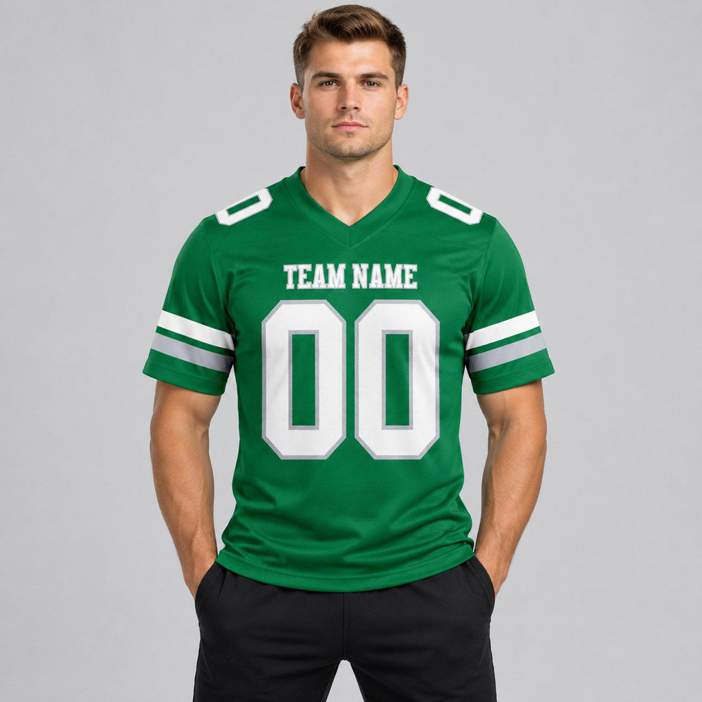 Custom Kelly Green Authentic Football Jersey with White and Gray Lettering worn by male model