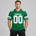 Custom Kelly Green Authentic Football Jersey with White and Gray Lettering worn by male model