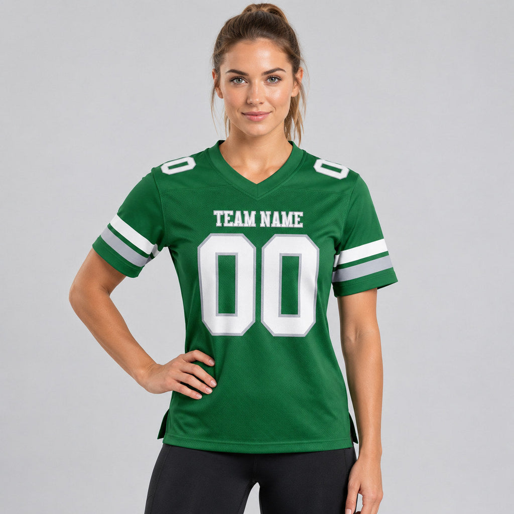 Custom Kelly Green Authentic Football Jersey with White and Gray Lettering worn by female model