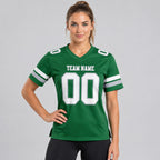 Custom Kelly Green Authentic Football Jersey with White and Gray Lettering worn by female model