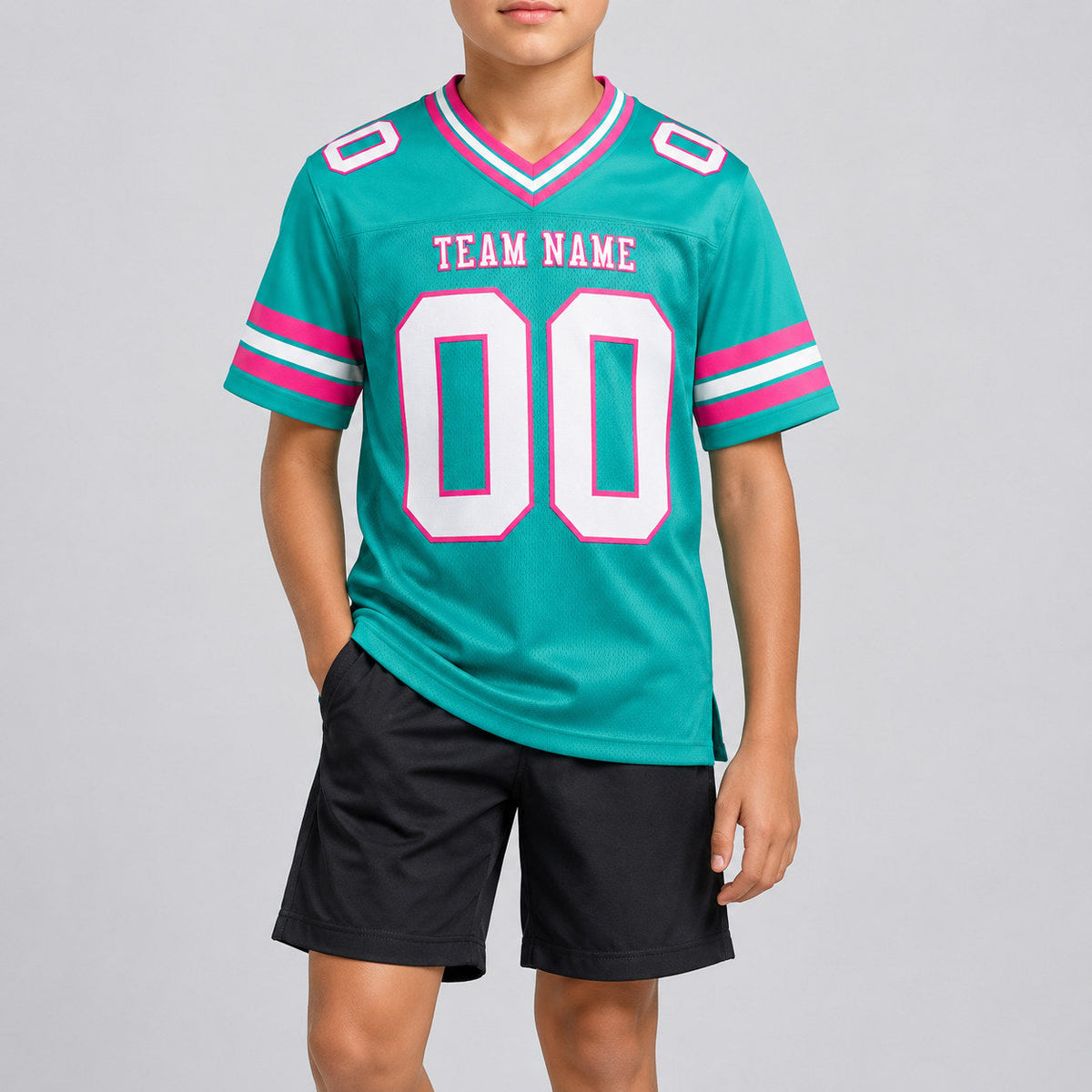 Custom Aqua Authentic Football Jersey with White and Pink Lettering Design 0216 youth size worn by child model