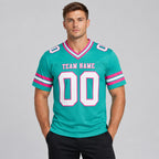 Custom Aqua Authentic Football Jersey with White and Pink Lettering Design 0216 worn by male model