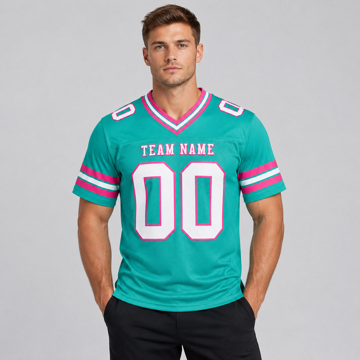 Custom Aqua Authentic Football Jersey with White and Pink Lettering Design 0216 worn by male model