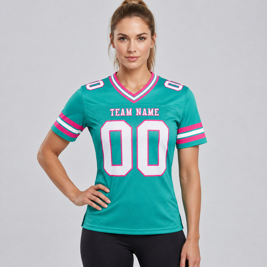 Custom Aqua Authentic Football Jersey with White and Pink Lettering Design 0216 worn by female model