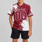 Custom Crimson Abstract Brush Stroke Authentic Football Jersey with White Lettering youth size worn by child model