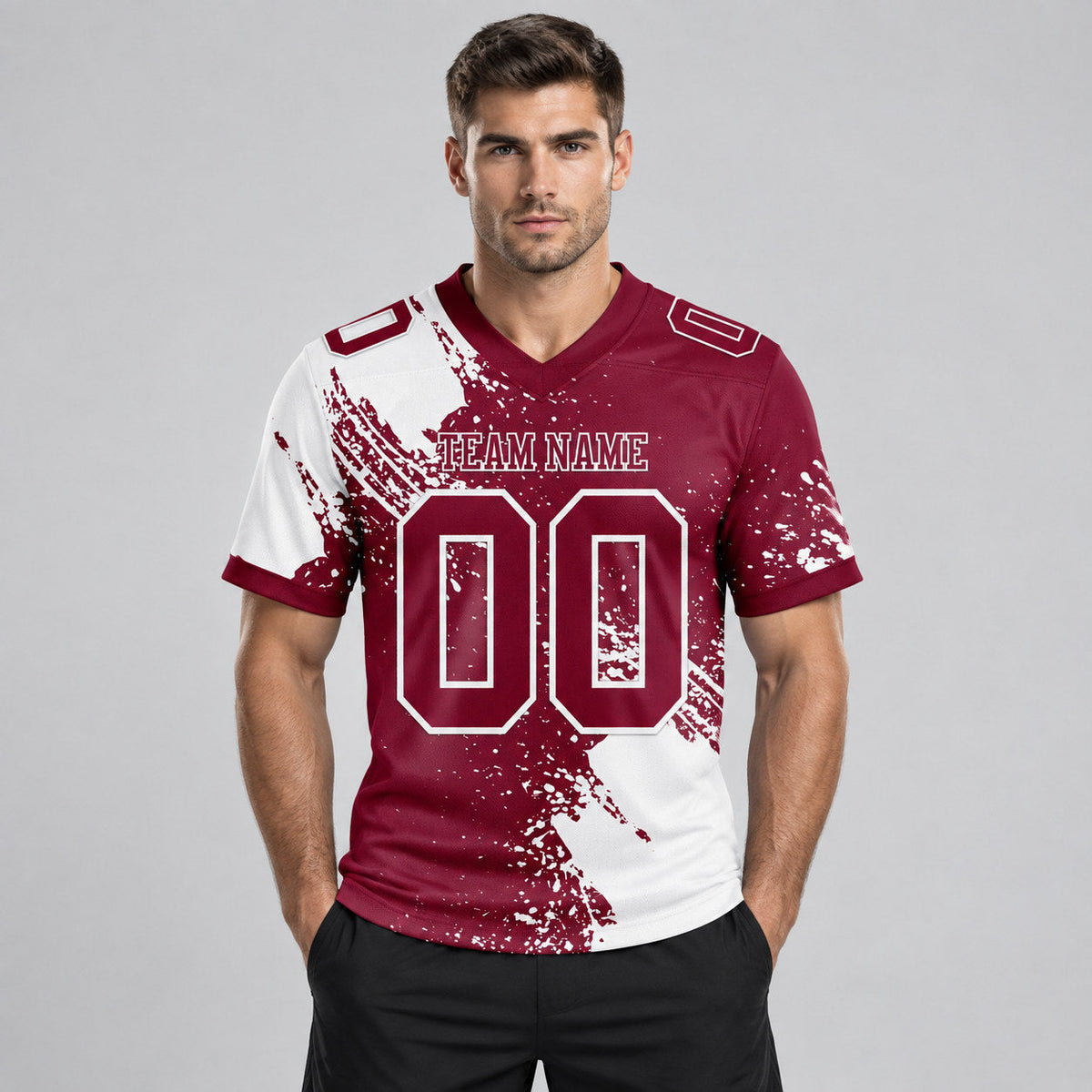 Custom Crimson Abstract Brush Stroke Authentic Football Jersey with White Lettering worn by male model