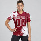 Custom Crimson Abstract Brush Stroke Authentic Football Jersey with White Lettering worn by female model