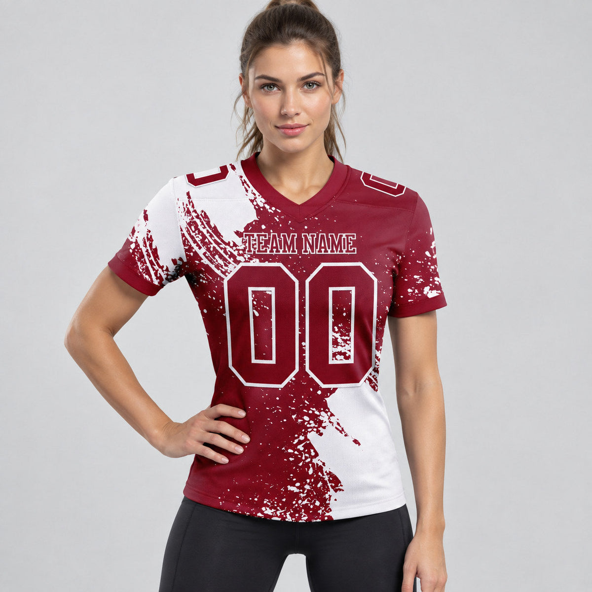 Custom Crimson Abstract Brush Stroke Authentic Football Jersey with White Lettering worn by female model