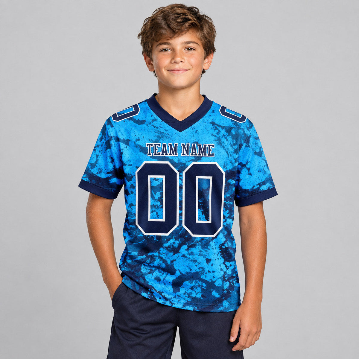 Custom Navy and White Graffiti Authentic Football Jersey youth size worn by child model