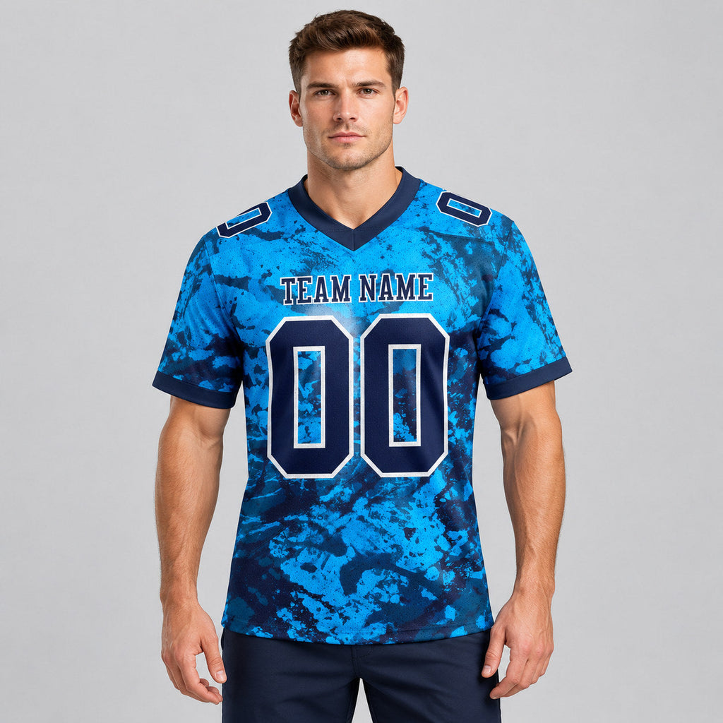 Custom Navy and White Graffiti Authentic Football Jersey worn by male model