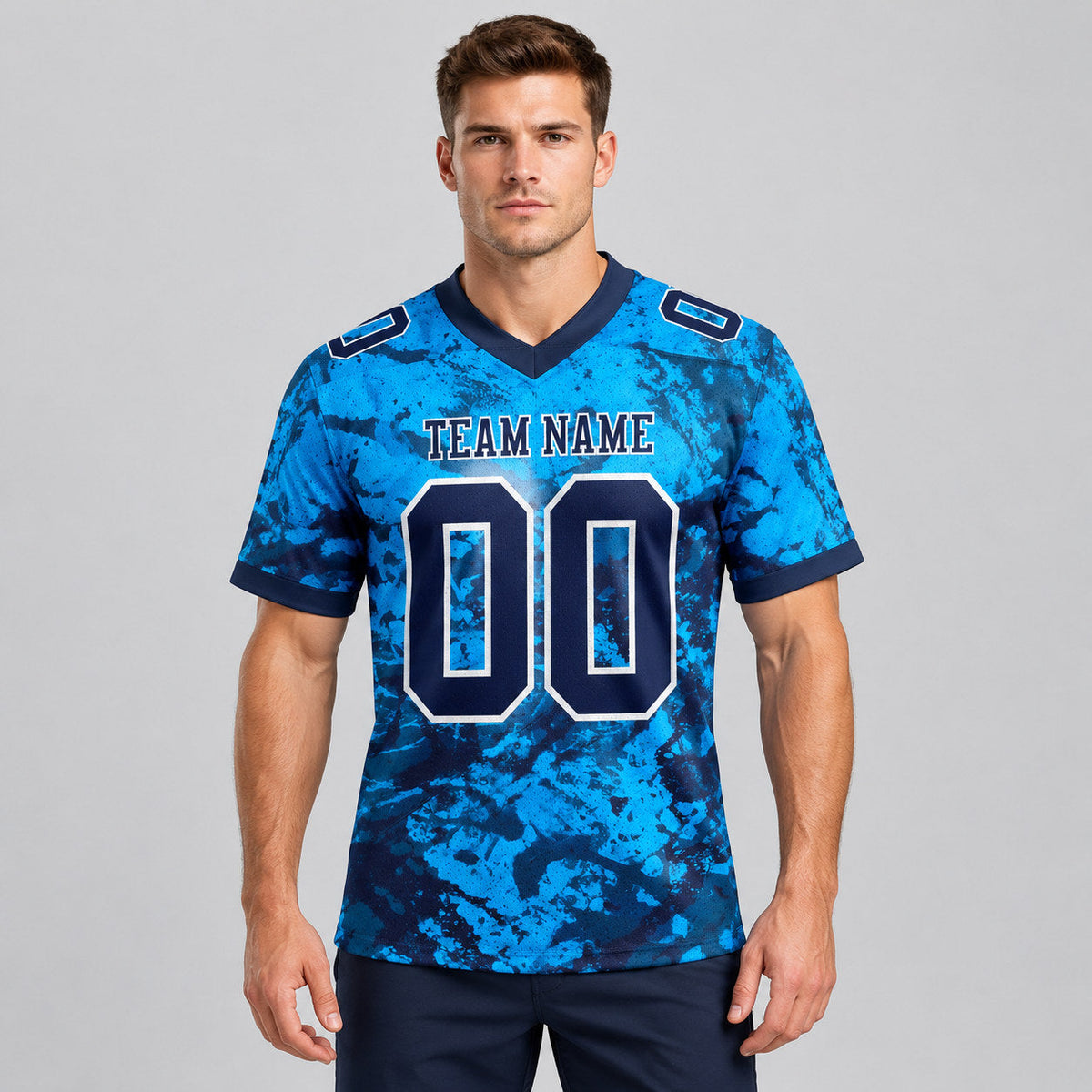 Custom Navy and White Graffiti Authentic Football Jersey worn by male model
