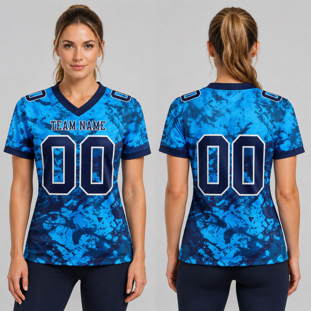 Custom Navy and White Graffiti Authentic Football Jersey worn by female model