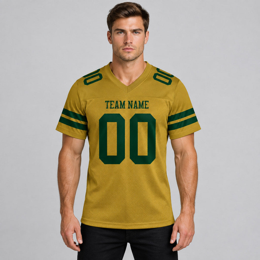 Custom Old Gold Mesh Authentic Football Jersey with Green Lettering worn by male model