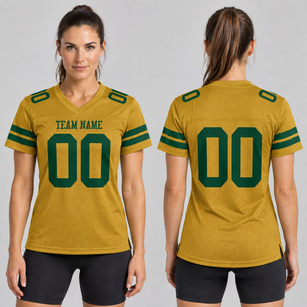 Custom Old Gold Mesh Authentic Football Jersey with Green Lettering worn by female model