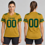 Custom Old Gold Mesh Authentic Football Jersey with Green Lettering worn by female model