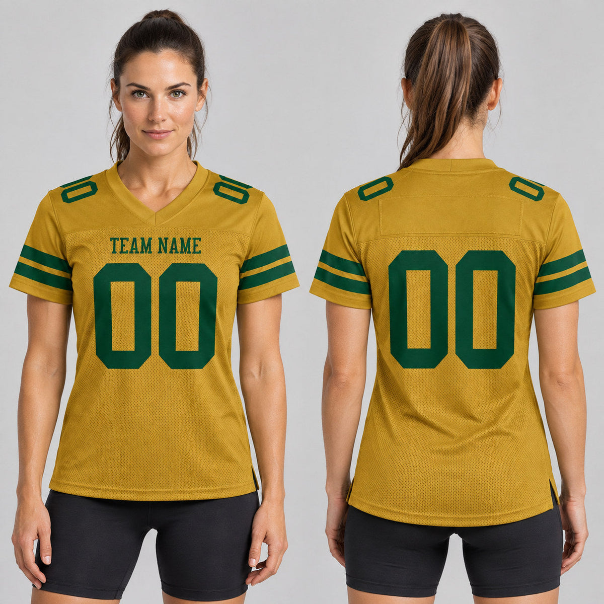 Custom Old Gold Mesh Authentic Football Jersey with Green Lettering worn by female model