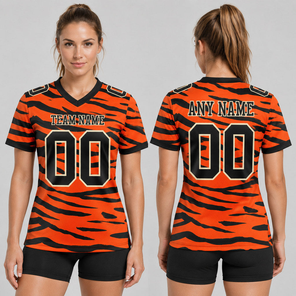 Custom Orange Tiger Print Authentic Football Jersey with Black and Cream Lettering worn by female model