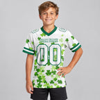 Custom White St. Patrick's Day Authentic Football Jersey with Kelly Green Lettering youth size worn by child model