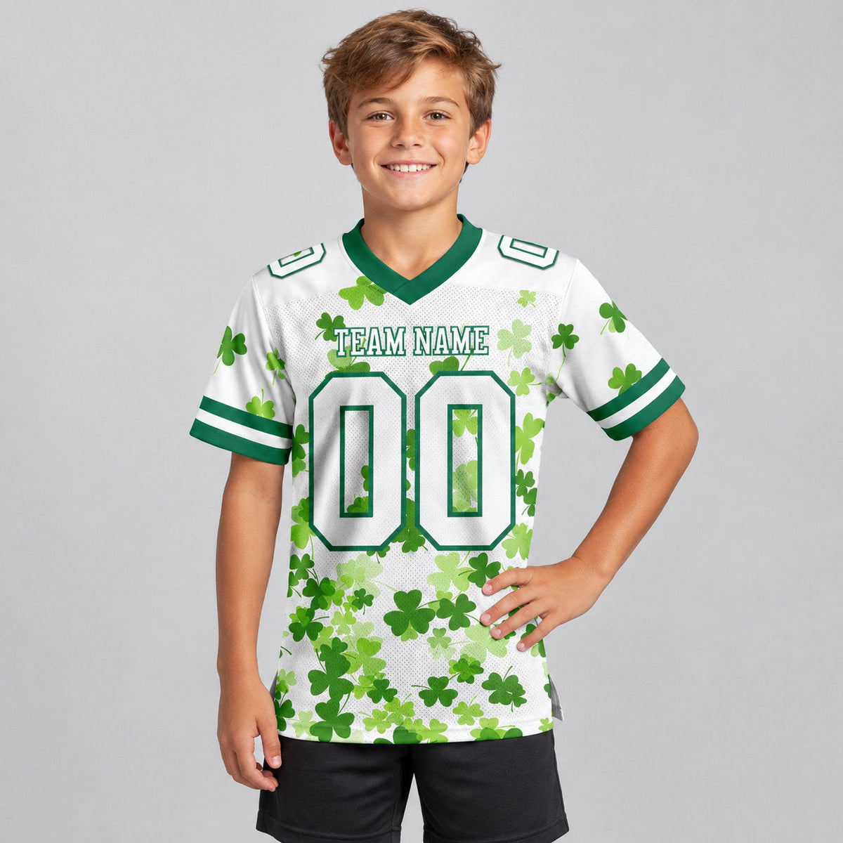 Custom White St. Patrick's Day Authentic Football Jersey with Kelly Green Lettering youth size worn by child model