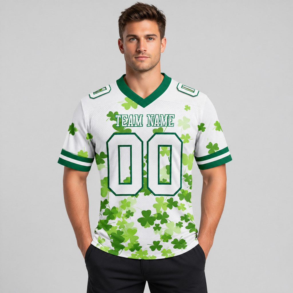 Custom White St. Patrick's Day Authentic Football Jersey with Kelly Green Lettering worn by male model