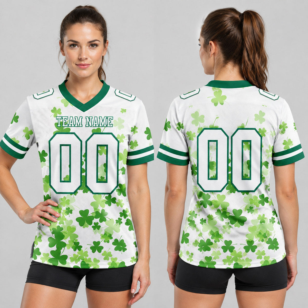 Custom White St. Patrick's Day Authentic Football Jersey with Kelly Green Lettering worn by female model