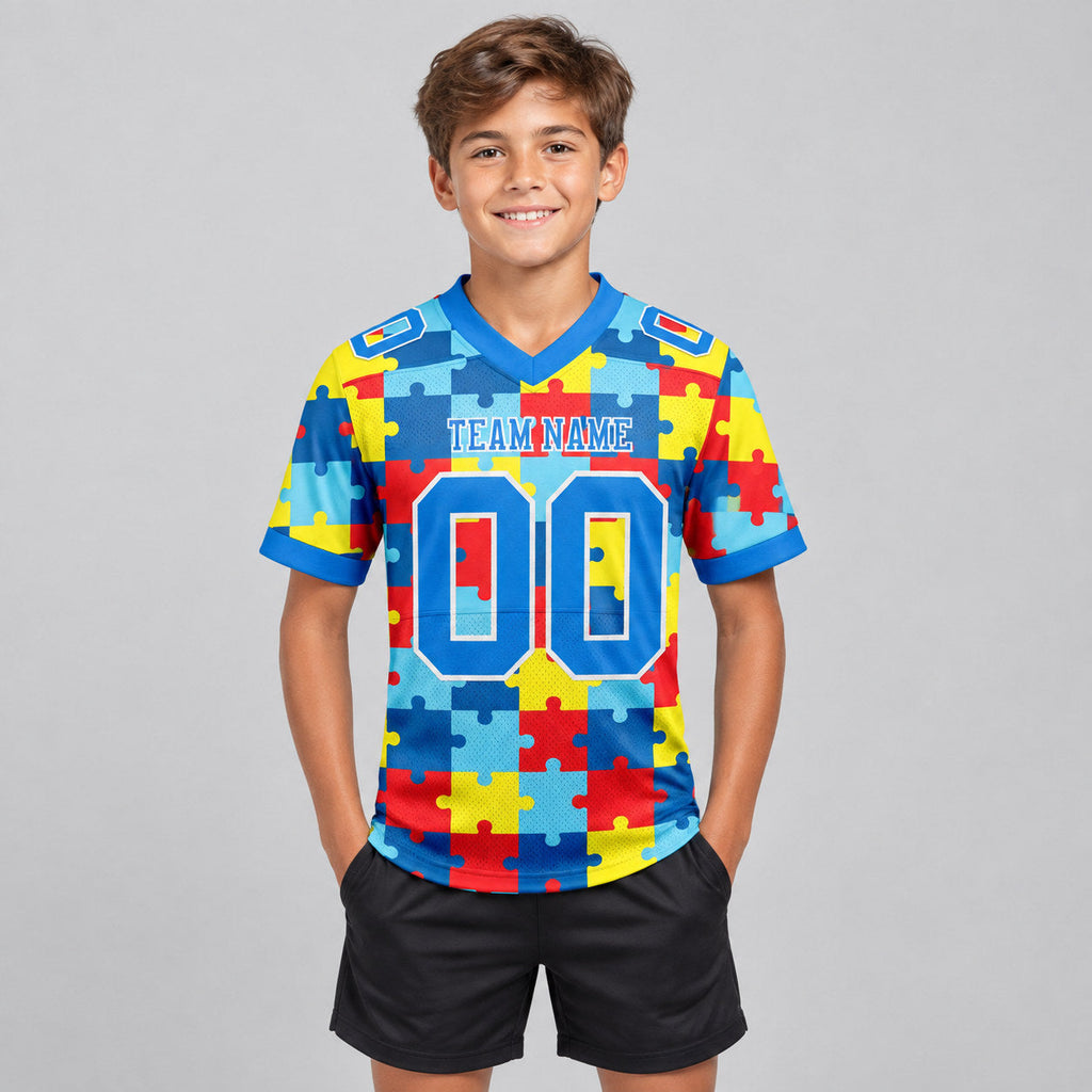 Custom Powder Blue Autism Supporter Awareness Authentic Football Jersey with White Lettering youth size worn by child model
