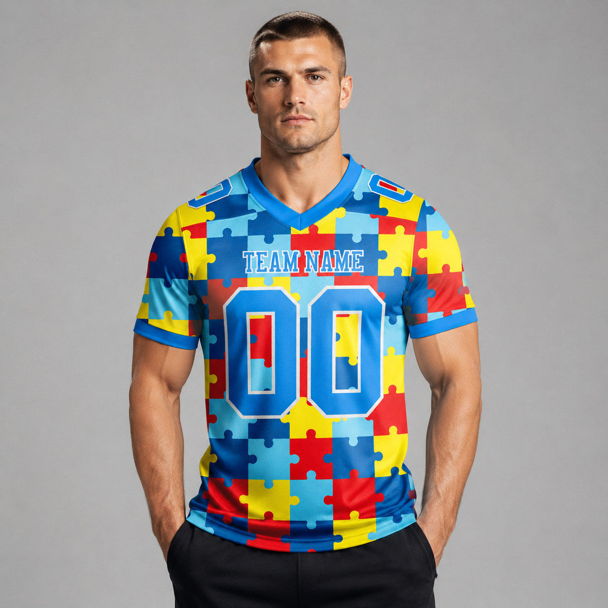 Custom Powder Blue Autism Supporter Awareness Authentic Football Jersey with White Lettering worn by male model
