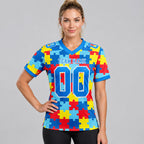Custom Powder Blue Autism Supporter Awareness Authentic Football Jersey with White Lettering worn by female model