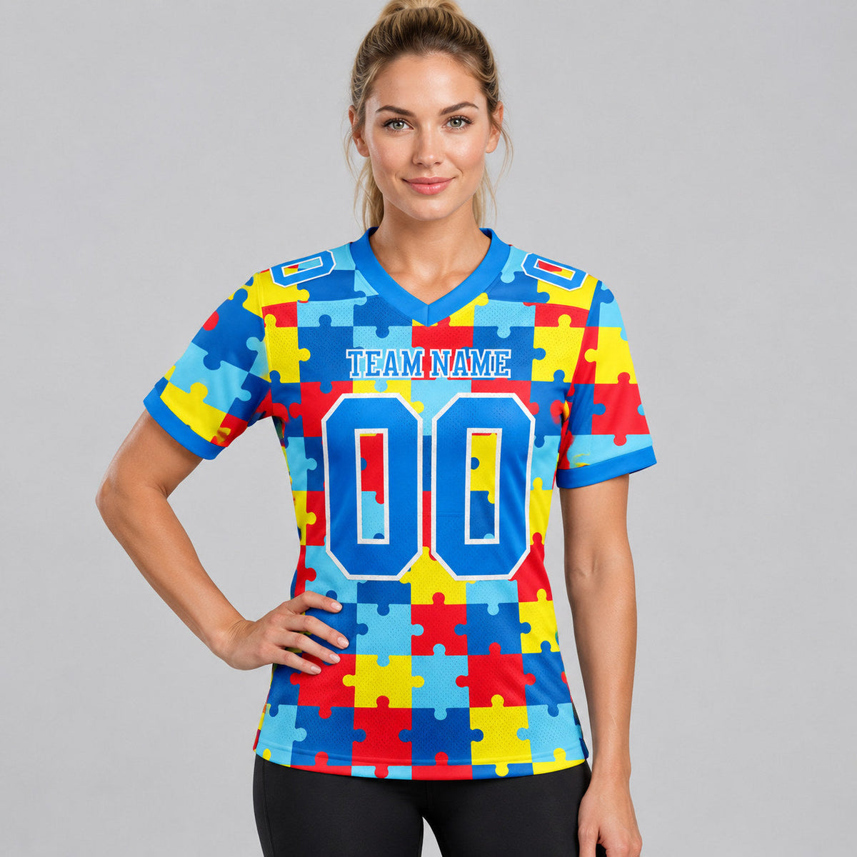Custom Powder Blue Autism Supporter Awareness Authentic Football Jersey with White Lettering worn by female model