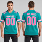 Custom Aqua Mesh Authentic Football Jersey with Pink and White Lettering Design 0141 worn by male model