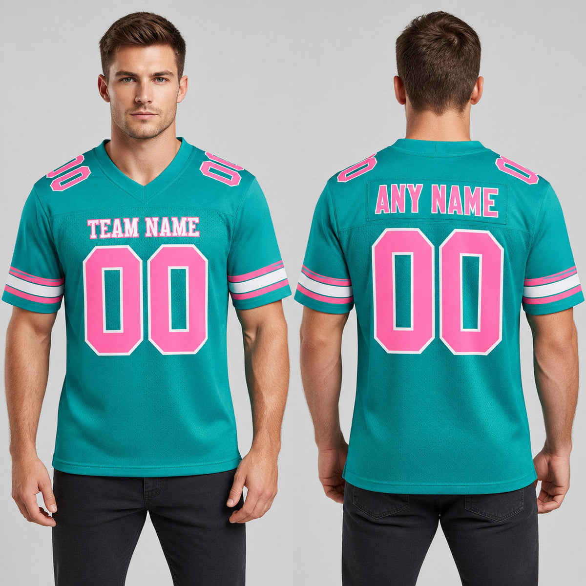 Custom Aqua Mesh Authentic Football Jersey with Pink and White Lettering Design 0141 worn by male model