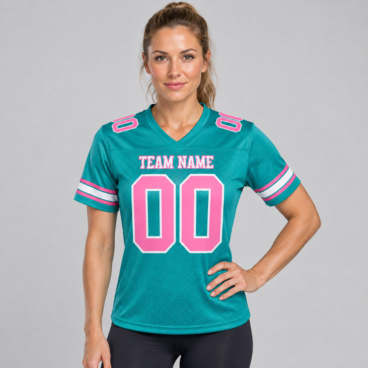 Custom Aqua Mesh Authentic Football Jersey with Pink and White Lettering Design 0141 worn by female model