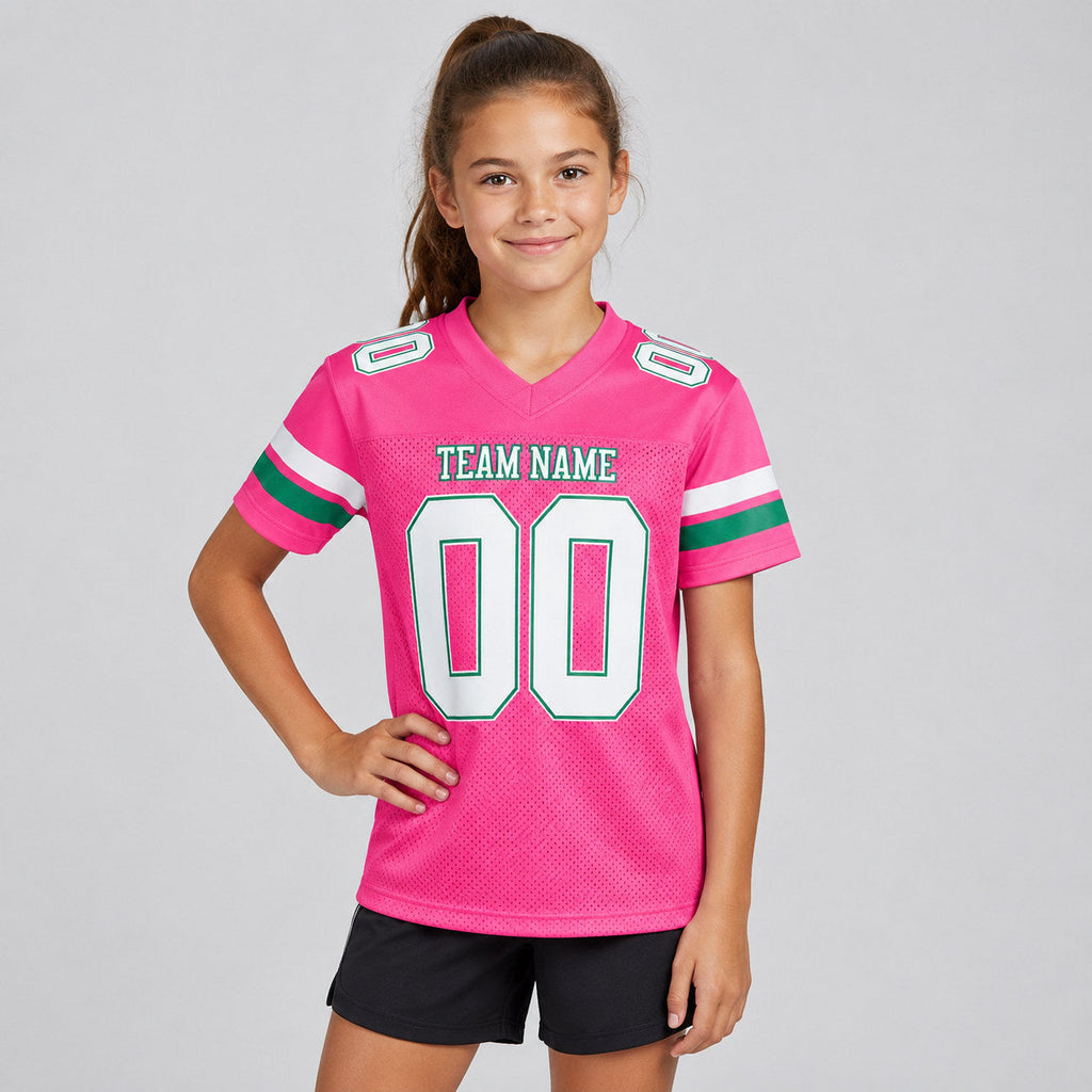 Custom Pink Mesh Authentic Football Jersey with White and Kelly Green Lettering Design 0088 youth size worn by child model