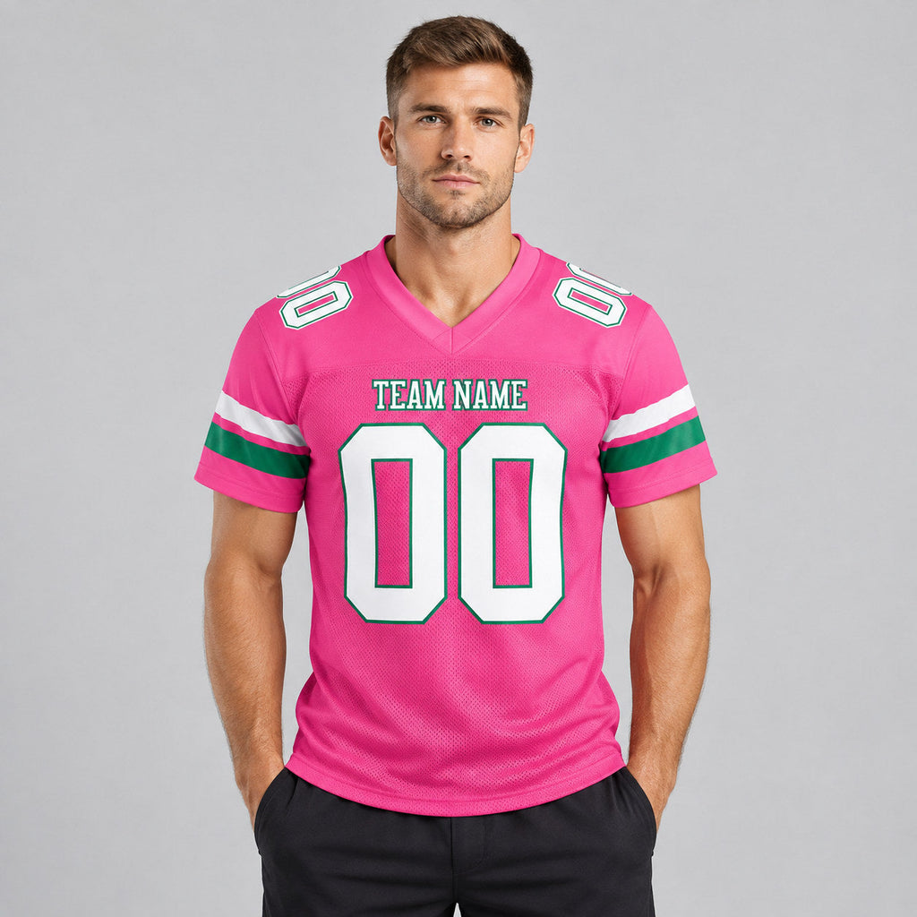 Custom Pink Mesh Authentic Football Jersey with White and Kelly Green Lettering Design 0088 worn by male model