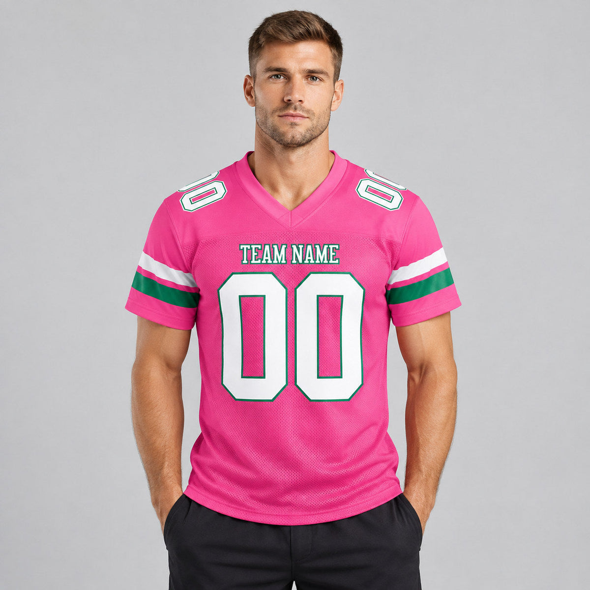 Custom Pink Mesh Authentic Football Jersey with White and Kelly Green Lettering Design 0088 worn by male model