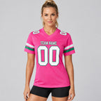 Custom Pink Mesh Authentic Football Jersey with White and Kelly Green Lettering Design 0088 worn by female model