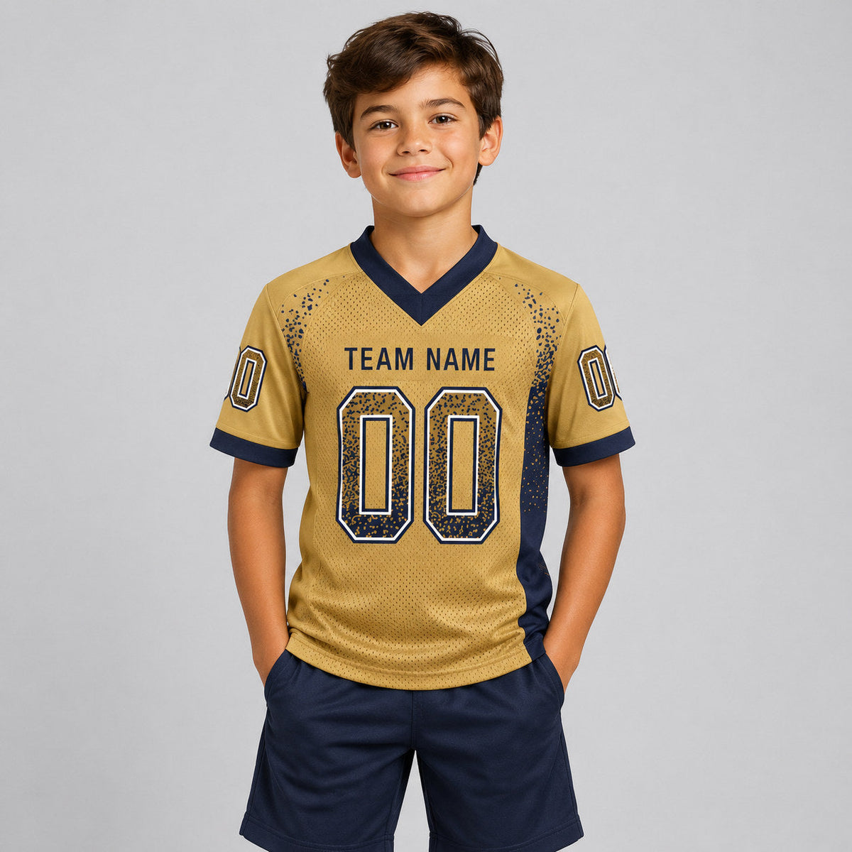 Custom Old Gold Drift Football Jersey with Navy and White Lettering youth size worn by child model